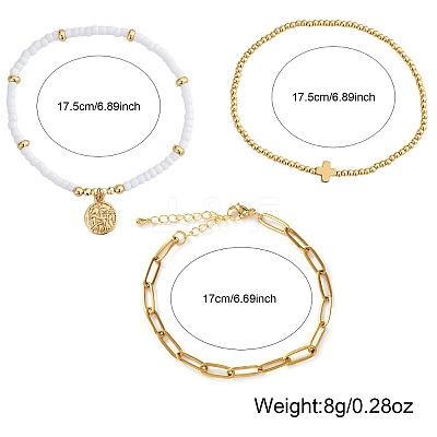 3Pcs Glass Beaded & Brass Charm Stackable Bracelet Sets NI4761-1