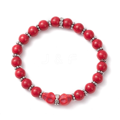 4Pcs 4 Colors Halloween Brass Crystal Rhinestone & Dyed Synthetic Turquoise Skull & Round Beaded Stretch Bracelet Sets for Men Women BJEW-JB12254-1