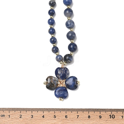 Saint Patrick's Day Natural Sodalite Clover Pendant Round Beaded Necklaces with Brall Heart OT Clasps NJEW-G202-02G-05-1