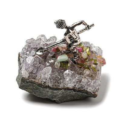 Natural Tourmaline Cluster & Alloy Miner Model Ornament DJEW-D002-10AS-02-1