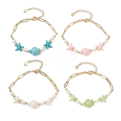Synthetic Turquoise & Shell Pearl Beaded Link Bracelets BJEW-JB13807-1