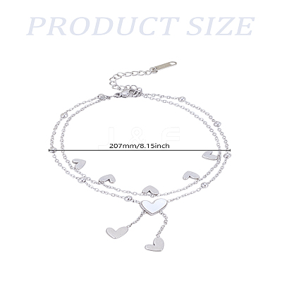 1Pc Stainless Steel Double Layer Heart Tassel Anklets for Women AJEW-LP0011-01-1