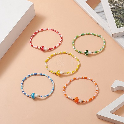 Mushroom Lampwork & Glass Seed & Brass Beaded Stretch Bracelets for Women BJEW-JB09272-1