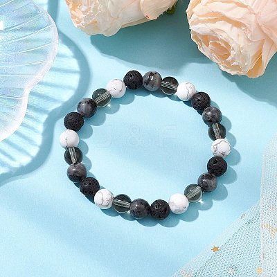 8.5mm Round Natural Larvikite & Howlite & Synthetic Smoky Quartz & Natural Lava Rock Bead Stretch Bracelets for Women BJEW-JB10944-03-1