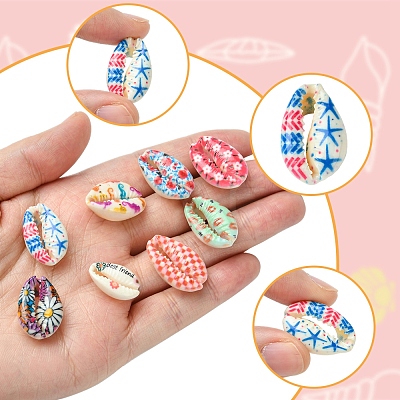 60Pcs 12 Styles Printed Natural Shell Beads BSHE-FS0001-08-1