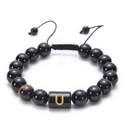 10MM Natural Black Onyx(Dyed & Heated) and Tiger Eye Alphabet Round Braided Bead Adjustable Bracelets for Women DM6424-21-1