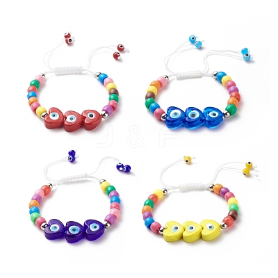 Lampwork Heart with Evil Eye Braided Bead Bracelet BJEW-JB08626-1