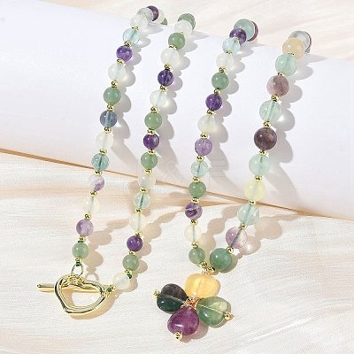Saint Patrick's Day Natural Fluorite Clover Pendant Round Beaded Necklaces with Brall Heart OT Clasps NJEW-G202-02G-02-1