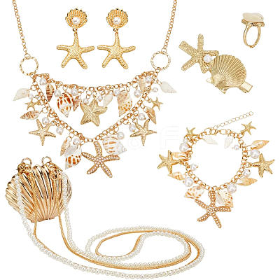 Natural Shell & Alloy Starfish Charm Bracelet & Bib Necklace & Adjustable Ring & Dangle Stud Earrings & Aligator Hair Clip & Mini Crossbody Bags SJEW-PH0001-11-1