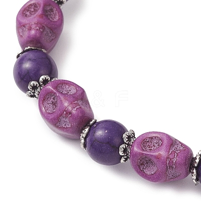 Halloween Dyed Synthetic Turquoise Skull & Round Beaded Stretch Bracelets for Men Women BJEW-JB12255-03-1