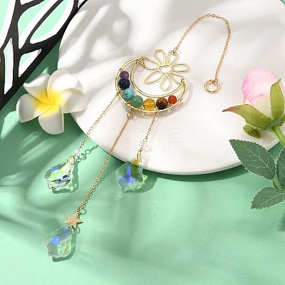 Chakra Natural & Synthetic Gemstone Beaded Wrapped Brass Moon Hanging Suncatchers HJEW-TA00287-1