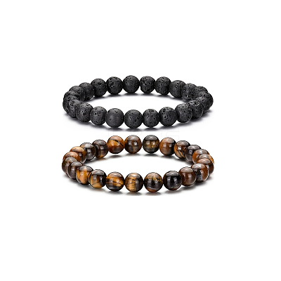 4Pcs Natural Lava Rock & Tiger Eye & Howlite Beaded Stretch Bracelets for Women Men QY3099-1