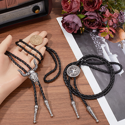 2Pcs 2 Styles Adjustable Vintage PU Leather Bolo Tie NJEW-GF0001-10AS-1