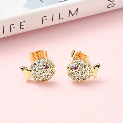Fish Brass Micro Pave Clear Cubic Zirconia Stud Earrings EJEW-Z144-17G-1
