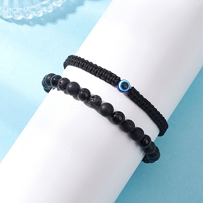 2Pcs 2 Styles Natural Black Onyx & Black Agate & Synthetic Lava Rock Beads Braided Bead Bracelets for Women BJEW-JB12591-1