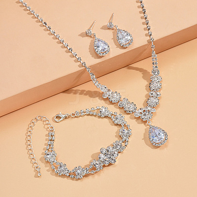 Teardrop & Flower Alloy Crystal Rhinestone Pendant Necklace & Stud Dangle Earrings & Bracelets Sets FS-WGA0F52-01-1