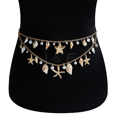 Natural Shell and Plastic Imitation Pearl and Iron Starfish Tassel Double Layer Waist Chains for Women AJEW-CP0011-35A-1