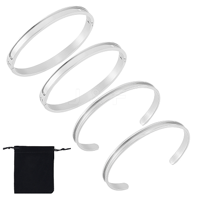 4Pcs 2 Styles Egg Shaped 201 Stainless Steel Grooved Hinged Bangles STAS-UN0048-69-1