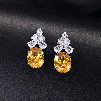 Brass Pave Cubic Zirconia Oval with Flower Stud Earrings for Women ML2840-5-1