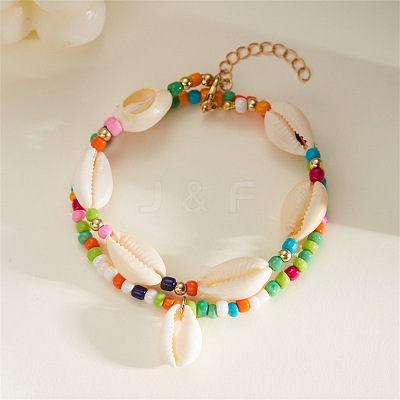 Bohemian Style Natural Cowrie Shell Charm & Glass Seed Beaded Stretch Double Layer Anklets for Women FS-WGC801A-02-1