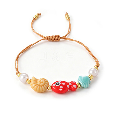 Summer Beach AdHandmade Porcelain Fish Shell Shape and Plastic Pearl Braided Bead Bracelets for Women WG2D1DA-01-1