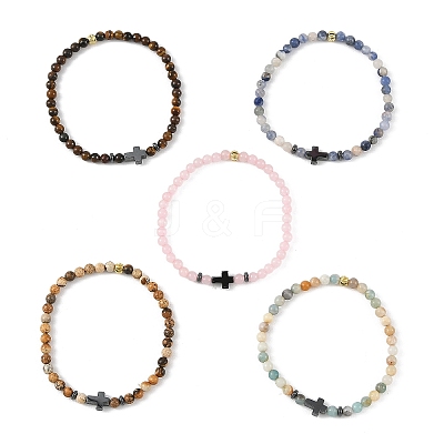 Non-magnetic Synthetic Hematite & Natural Mixed Gemstone Beaded Stretch Bracelets for Women Men BJEW-JB14012-1