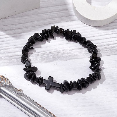 Natural Obsidian Chips Stretch Bracelets for Women Men BJEW-JB11341-09-1