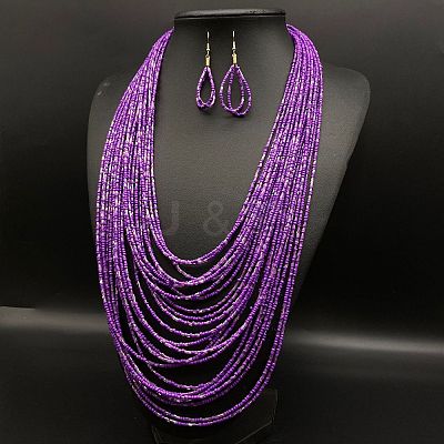 Ethnic Style Acrylic Seed Beaded Multilayer Necklaces & Teardrop Dangle Earrings Sets WGF31E6-02-1