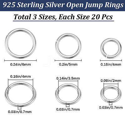 60Pcs 3 Styles 925 Sterling Silver Open Jump Rings STER-BBC0006-20-1