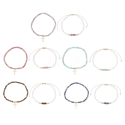 10Pcs 5 Styles Natural Amethyst & Amazonite & Sodalite & Rhodonite & Tiger Eye & Glass Seed Beaded Stretch Bracelets BJEW-JB12545-1