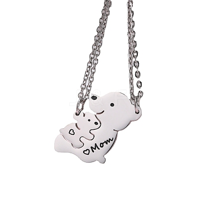 201 Stainless Steel Black Enamel Baby Bear Mother Bear Split Pendant Necklaces for Mother's Day WG98DEA-03-1