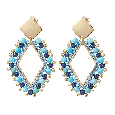 Rhombus Mixed Stone & Glass Seed Beads Dangle Stud Earrings EJEW-MZ00666-03-1