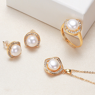 Brass Micro Pave Clear Cubic Zirconia Pendant Necklaces & Stud Earrings & Rings Sets WG2C5C9-05-1