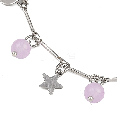3Pcs 3 Colors 201 Stainless Steel Moon Star & Natural Dyed Malaysia Jade Round Charm Brass Bar Link Chain Anklets AJEW-AN00732-1