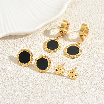 3 Pairs Stainless Steel Flower & Flat Round Earring Sets IB5590-1