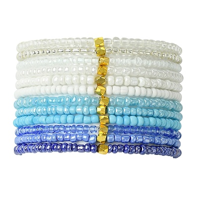 Blue Color Palette Glass Seed Beaded Stretch Bracelet Sets BJEW-MZ00101-1