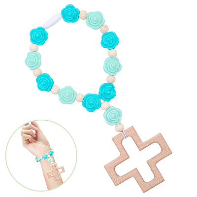 Wood & Silicone Rose Beads Hanging Ornametns HJEW-BM00073-1