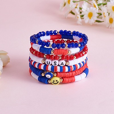7Pcs 7 Style Handmade Polymer Clay Heishi Surfer Stretch Bracelets Set BJEW-SW00076-1