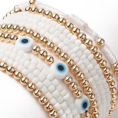 7Pcs 7 Style Evil Eye Lampwork & Glass Seed & Brass Beaded Stretch Bracelets Set for Women BJEW-JB09249-02-1