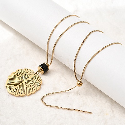304 Stainless Steel with Disc Glass Leaf Pendant Necklaces NJEW-G184-02G-1