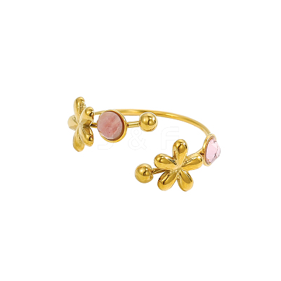 304 Stainless Steel & Nstural Gemstone & Cubic Zirconia Cuff Rings for Women STAS-OY012-53G-1