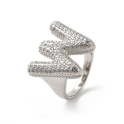 Letter Brass Micro Pave Clear Cubic Zirconia Open Cuff Ring for Women RJEW-N046-03W-P-1