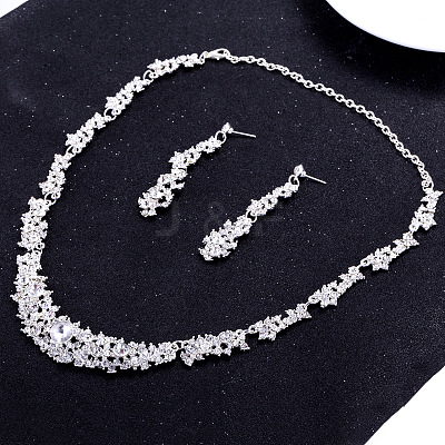 Flower Alloy Crystal Rhinestone Link Necklaces & Stud Dangle Earring Sets for Women FS-WG2AC0B-01-1