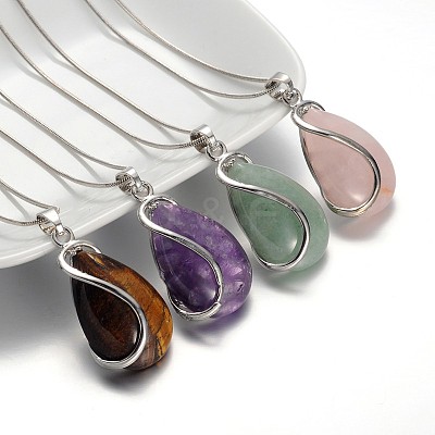 Teardrop Platinum Plated Brass Gemstone Pendant Necklaces NJEW-JN01185-1