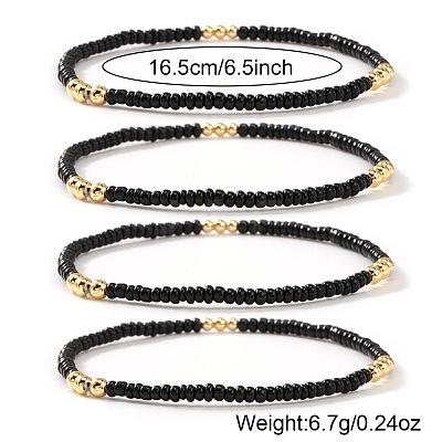 Brass & Black Glass Seed Beaded Stretch Bracelet Sets GV0095-1