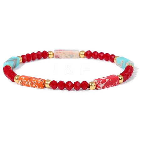 Dyed Synthetic Imperial Jasper Cuboid & Faceted Rondelle Dyed White Jade & Round Brass Beaded Stretch Bracelets QY8342-2-1