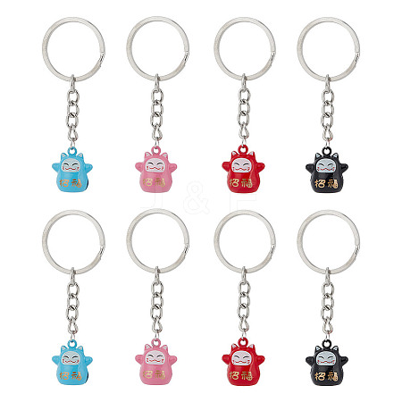 8Pcs 4 Colors Lucky Cat Shapes Baking Paint Brass Keychains KEYC-GO00001-1