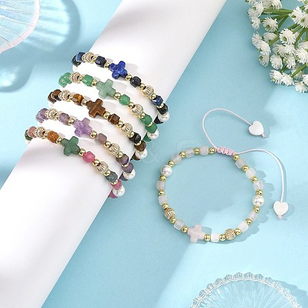 Natural Mixed Gemstone Faceted Cube Braided Bead Bracelets BJEW-JB14379-1