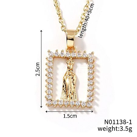 Shiny Brass Micro Pave Clear Cubic Zirconia Hollow Rectangle Vintage Statue Pendant Necklaces DN8896-1-1