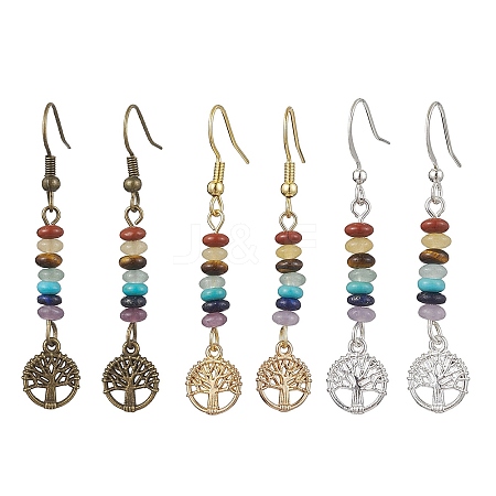 3 Pairs 3 Color Natural & Synthetic Mixed Gemstone Disc Beaded Dangle Earrings EJEW-JE05643-1